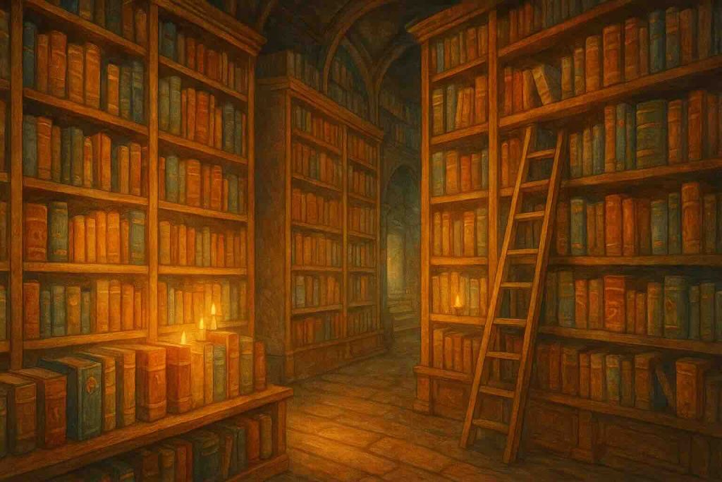 magical-library A warm, glowing fantasy library with towering wooden shelves, a ladder reaching upward, and candlelight illuminating rows of magical books